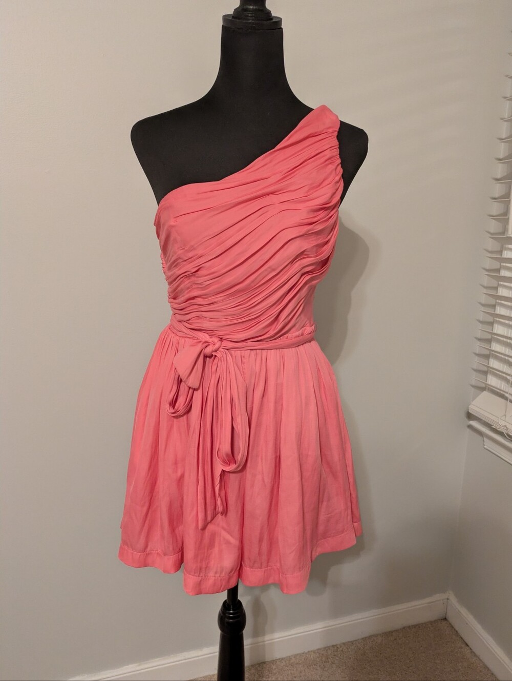 DO+BE One-Shoulder Pink Ruched Tie-Waist Romper Size S Party Cocktail Drape